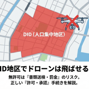 【ドローン】人口集中地区（DID）で飛ばす方法は？無許可飛行の「書類送検」リスクと許可申請の正解。『飛行カテゴリー決定のフローアプリ』で簡単確認!
